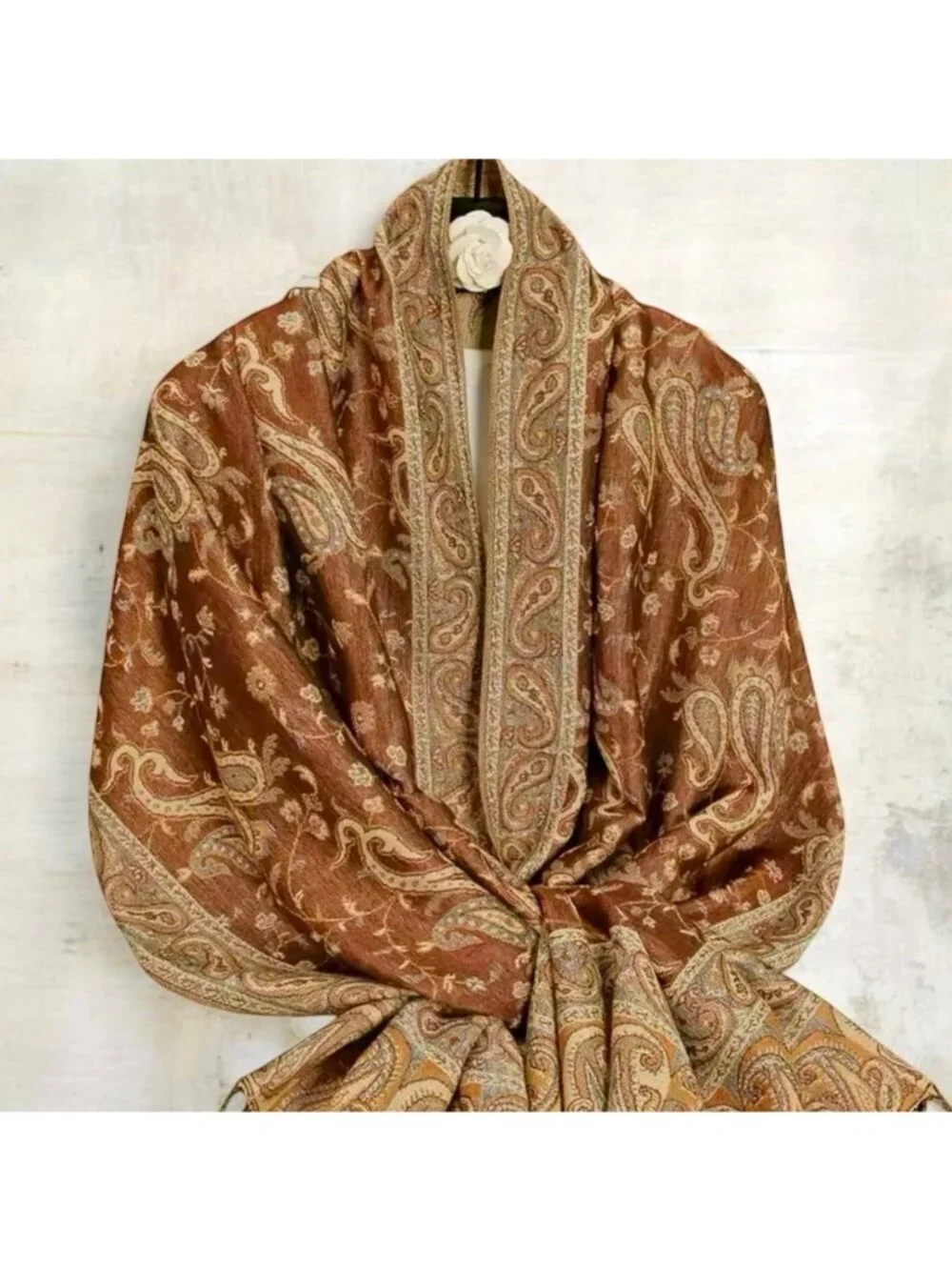 New Large Paisley Scarf Wrap Pashmina Brown Cream Fringe Classic